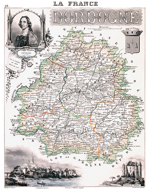 Carte du département de la Dordogne en 1851 - gravure reproduite et restaurée numériquement par © Norbert Pousseur