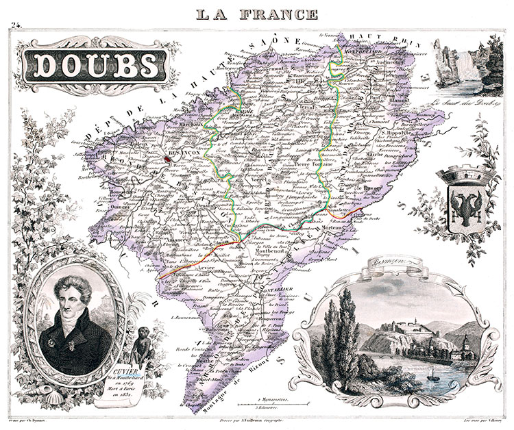 Carte du département du Doubs en 1851 - gravure reproduite et restaurée numériquement par © Norbert Pousseur