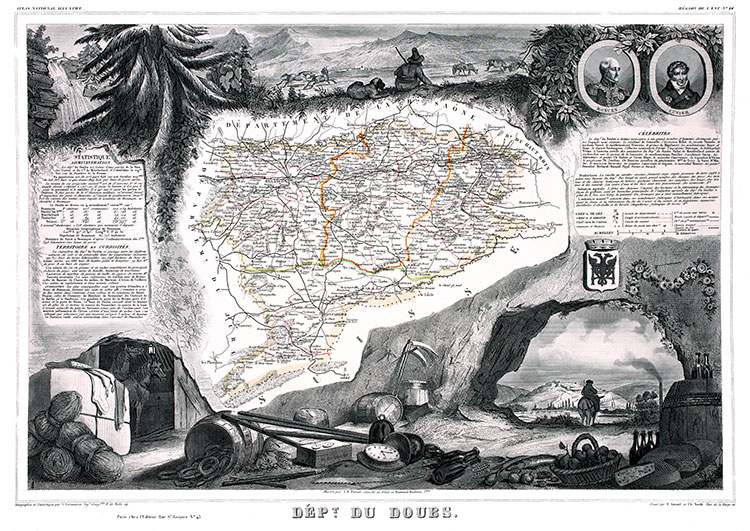 Carte par Levasseur du Doubs en 1847 - gravure reproduite et restaurée numériquement par © Norbert Pousseur