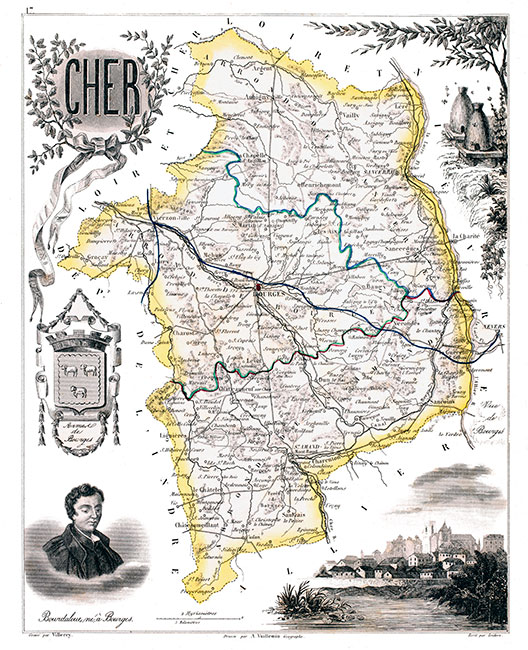 Carte du Cher par Vuillemin, 1851 - gravure reproduite et restaurée numériquement par © Norbert Pousseur