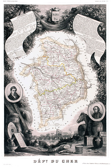 Carte du Cher par Levasseur, 1847 - gravure reproduite et restaurée numériquement par © Norbert Pousseur