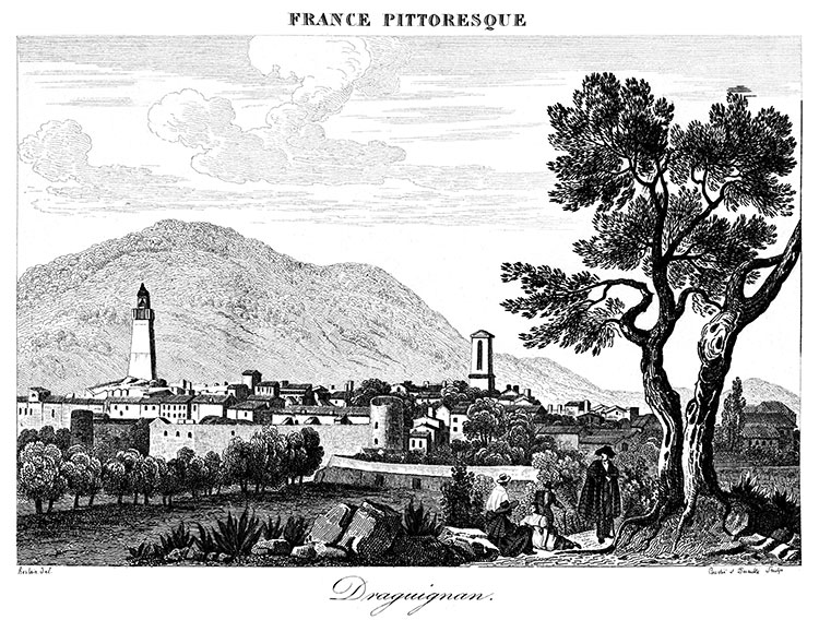 Draguignan adossé au Malmont, vers 1830 - gravure  reproduite et restaurée par © Norbert Pousseur