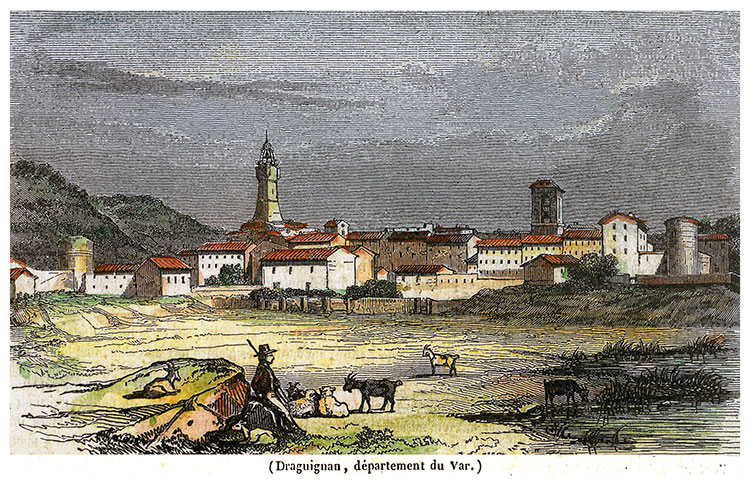 Draguignan vers 1840 et sa campagne pour les chèvres - gravure reproduite et restaurée par © Norbert Pousseur