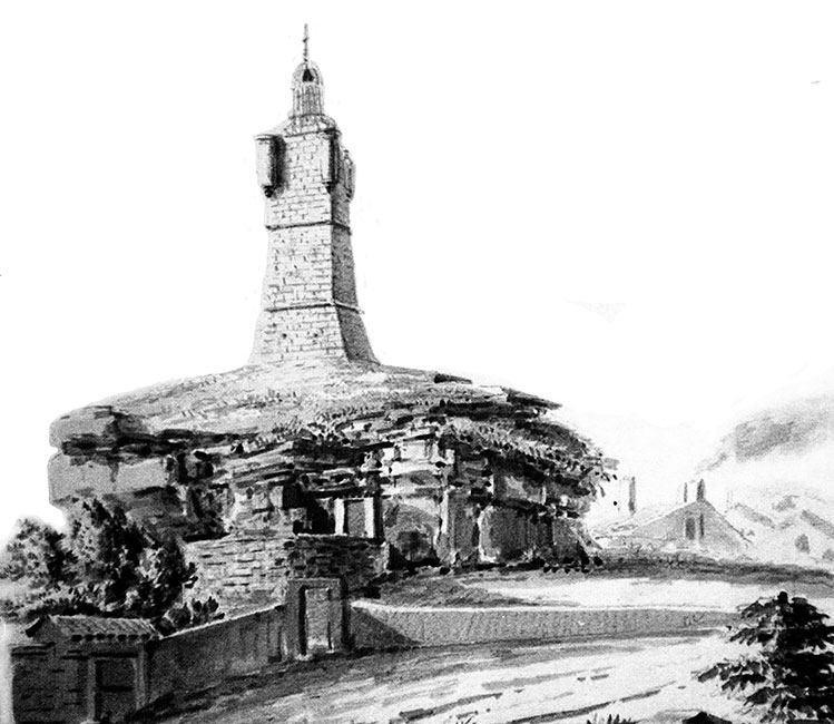 La Tour de l'Horloge, sur sa butte, sans doute au 18ème siècle - gravure reproduite et restaurée par © Norbert Pousseur