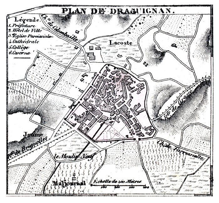 Plan de la ville de Draguignan vers 1850, - gravure reproduite et restaurée par © Norbert Pousseur