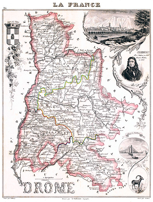Carte du département de la Drôme en 1851 - gravure reproduite et restaurée numériquement par © Norbert Pousseur