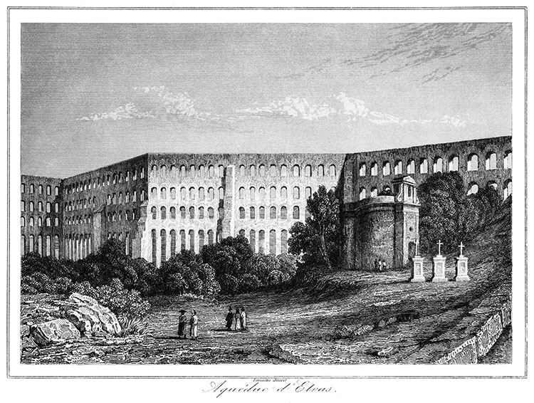 Aqueduc d'Elvas au Portugal vers 1840 - gravure reproduite et corrigée numériquement par © Norbert Pousseur