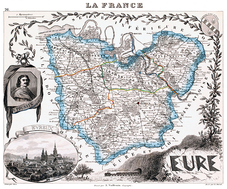 Carte du département de l'Eure en 1851 - gravure reproduite et restaurée numériquement par © Norbert Pousseur