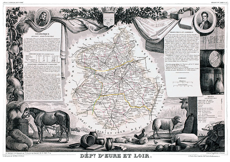 Carte de Levasseur d'Eure et Loir en 1847 - gravure reproduite et restaurée numériquement par © Norbert Pousseur