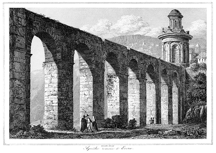 Aqueduto de Évora em Portugal, cerca de 1840 - gravura reproduzida e corrigida digitalmente por © Norbert Pousseur