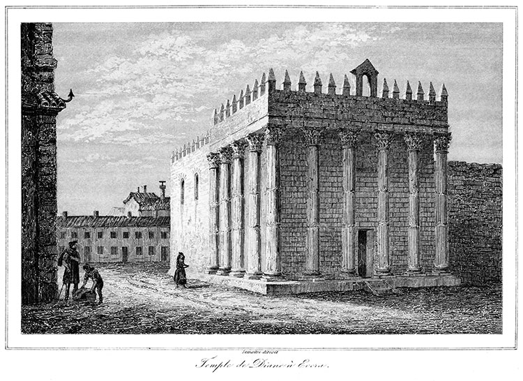Templo de Diana em Évora, Portugal, cerca de 1840 - gravura reproduzida e corrigida digitalmente por © Norbert Pousseur