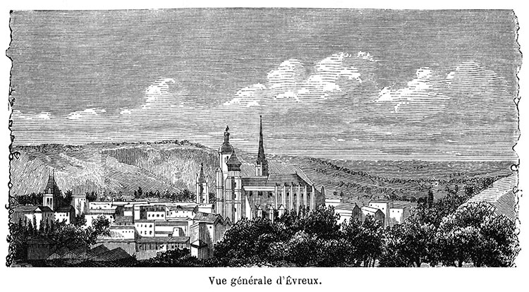 Évreux dans sa verdure, vers 1870 - gravure reproduite et retouchée numériquement par © Norbert Pousseur