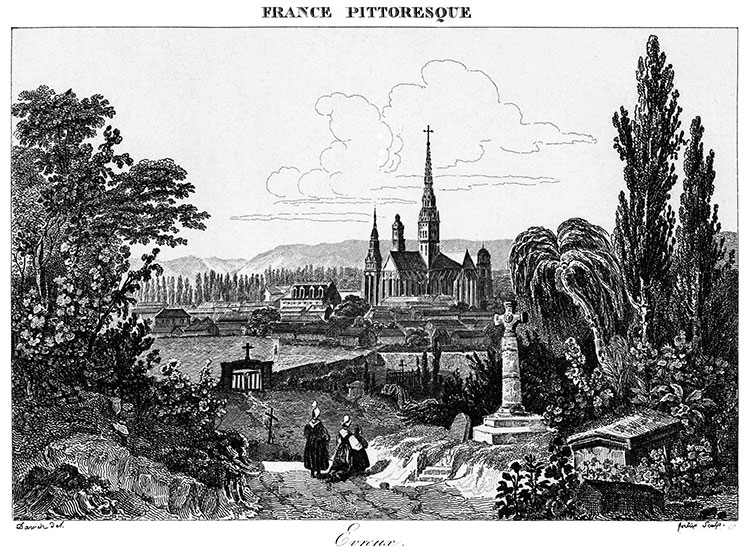 Évreux, vue de son ancien cimetière, vers 1830 - gravure reproduite et retouchée numériquement par © Norbert Pousseur