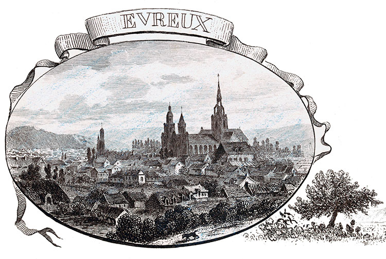 Évreux, plein cadre, vers 1850 - gravure reproduite et retouchée numériquement par © Norbert Pousseur