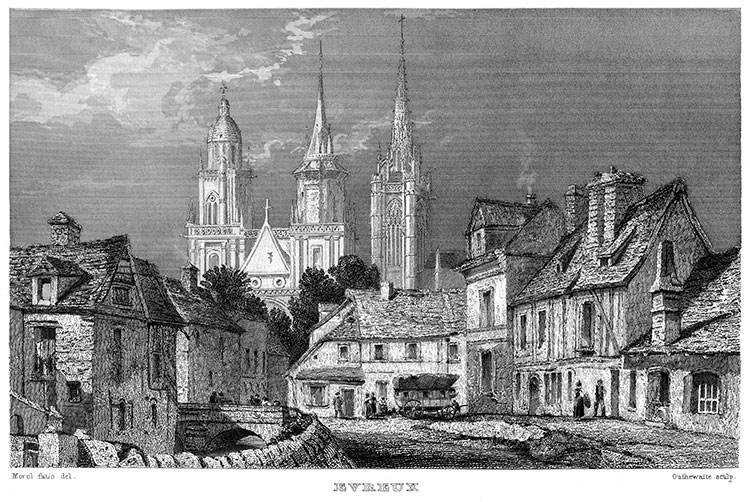Le cœur de la ville d'Évreux, vers 1860 - gravure reproduite et retouchée numériquement par © Norbert Pousseur