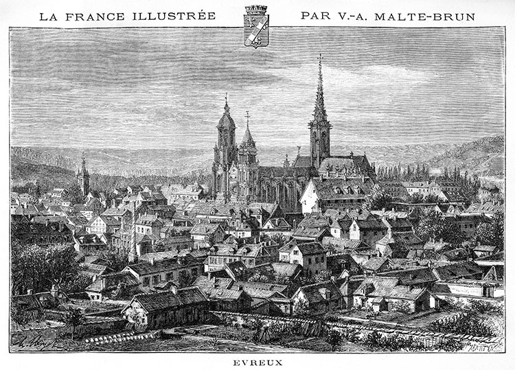 Les toits d'Évreux, vers 1880 - gravure reproduite et retouchée numériquement par © Norbert Pousseur