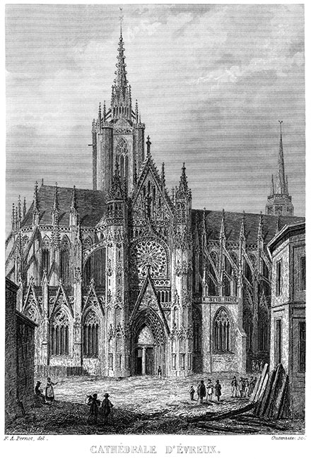 Façade de la cathédrale d'Évreux vers 1845 - gravure reproduite et retouchée numériquement par © Norbert Pousseur