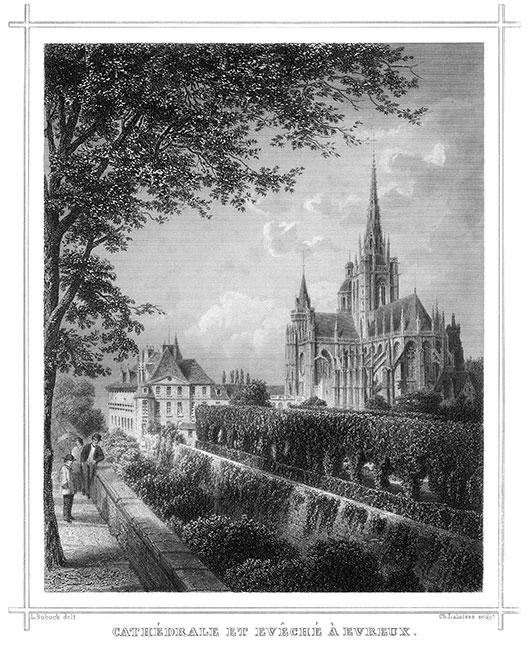La cathédrale et l'Évèché d'Évreux vers 1860 - gravure reproduite et retouchée numériquement par © Norbert Pousseur