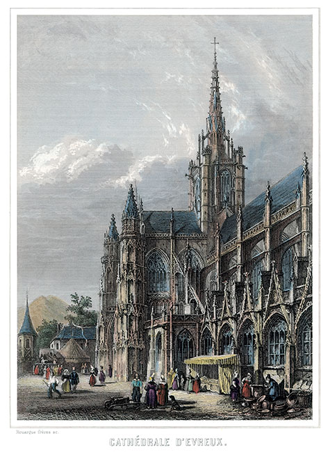 La cathédrale d'Évreux vers 1850 - gravure reproduite et retouchée numériquement par © Norbert Pousseur