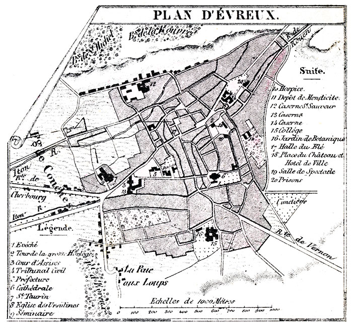Plan d'Évreux, vers 1880 - gravure reproduite et retouchée numériquement par © Norbert Pousseur