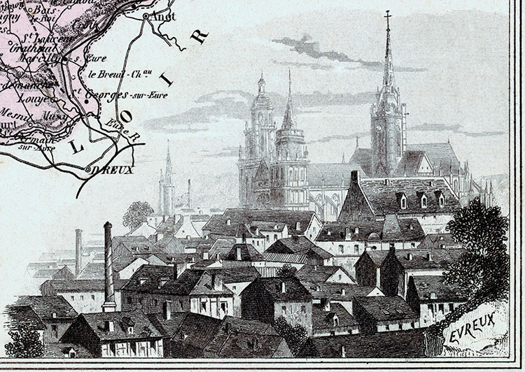 Gravure de la ville d'évreux, en 1883 - gravure reproduite et restaurée numériquement par © Norbert Pousseur