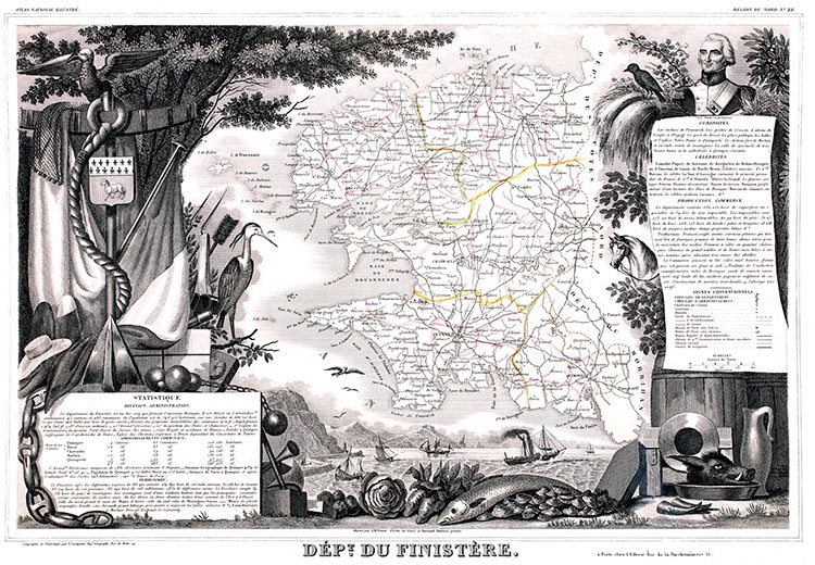 Carte de Levasseur Finistère en 1847 - gravure reproduite et restaurée numériquement par © Norbert Pousseur