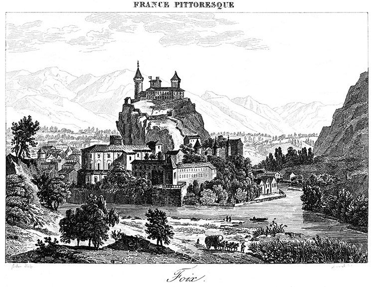 Foix vers 1835 - gravure reproduite et restaurée numériquement par © Norbert Pousseur
