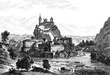 Zoom sur Foix vers 1835 - gravure reproduite et restaurée numériquement par © Norbert Pousseur