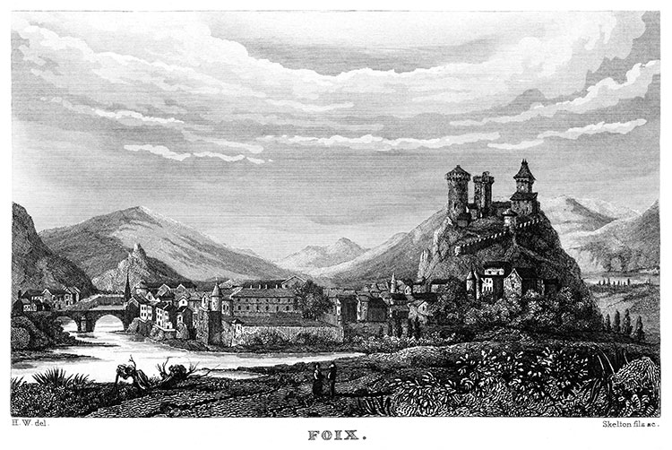 Foix, vue générale  vers 1835 - gravure reproduite et restaurée numériquement par © Norbert Pousseur