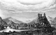Zoom sur Foix, vue générale  vers 1835 - gravure reproduite et restaurée numériquement par © Norbert Pousseur