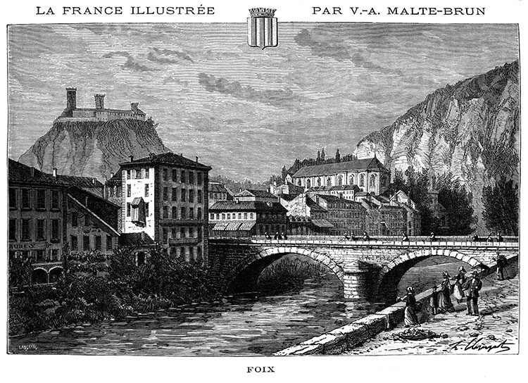 Pont sur l'Ariège à Foix vers 1880 - gravure reproduite et restaurée numériquement par © Norbert Pousseur