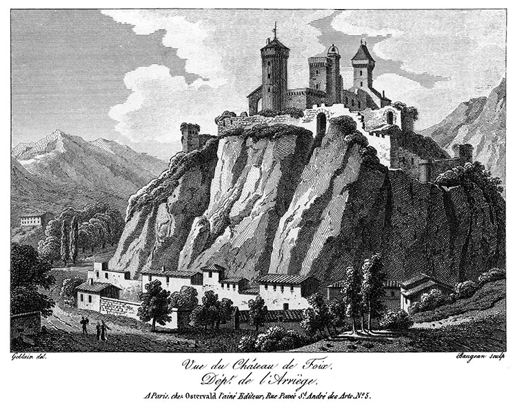 Le château de Foix sur son rocher vers 1825 - gravure reproduite et restaurée numériquement par © Norbert Pousseur