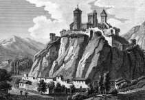 Zoom sur Le château de Foix sur son rocher vers 1825 - gravure reproduite et restaurée numériquement par © Norbert Pousseur