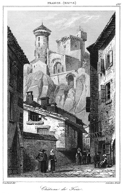 Foix, son château vers 1840 - gravure reproduite et restaurée numériquement par © Norbert Pousseur