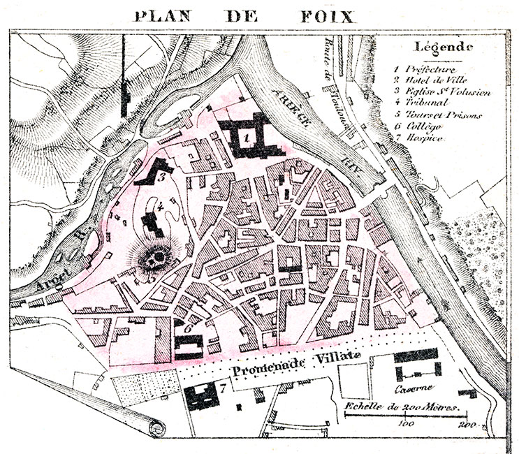 Plan de Foix vers 1880 - gravure reproduite et restaurée numériquement par © Norbert Pousseur