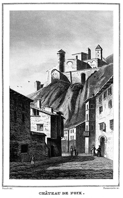 Foix, rue principale vers 1835 - gravure reproduite et restaurée numériquement par © Norbert Pousseur