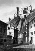 Zoom sur Foix, rue principale vers 1835 - gravure reproduite et restaurée numériquement par © Norbert Pousseur
