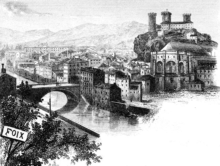 Foix, vue cavalière 1880 - gravure reproduite et restaurée numériquement par © Norbert Pousseur