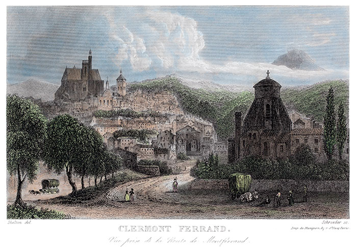 Clermont-Ferrand vers 1850, dessiné par Joseph Skelton - gravure reproduite et restaurée par © Norbert Pousseur  