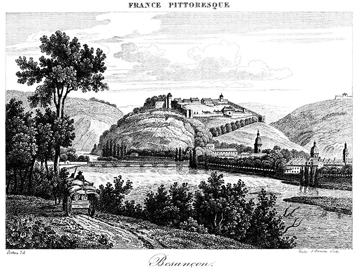 Besançon et sa citadelle vers 1830 - gravure reproduite et retouchée par © Norbert Pousseur