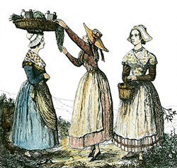 Costumes féminins du département du Rhône - gravure de 1855 reproduite  puis restaurée par © Norbert Pousseur