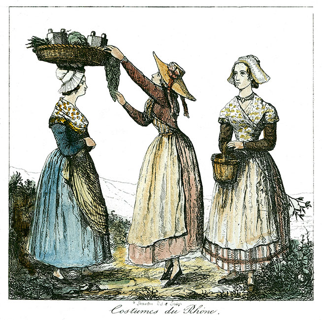 Costumes féminins du département du Rhône - gravure de 1855 reproduite  puis restaurée par © Norbert Pousseur