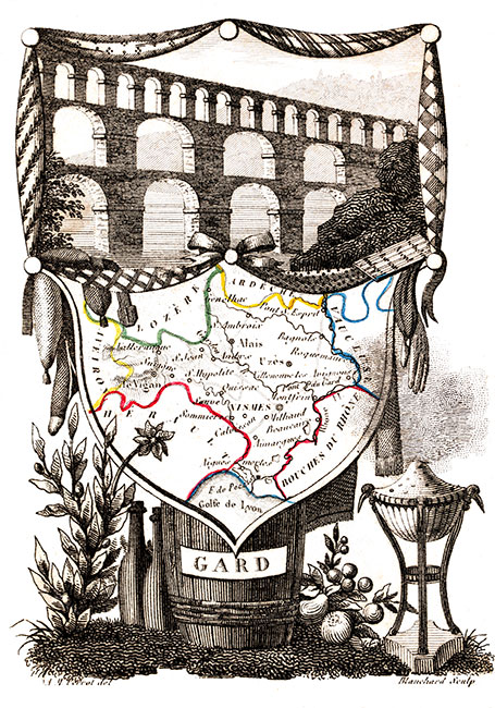 Carte succinte du Gard vers 1830 - gravure reproduite et restaurée numériquement par © Norbert Pousseur
