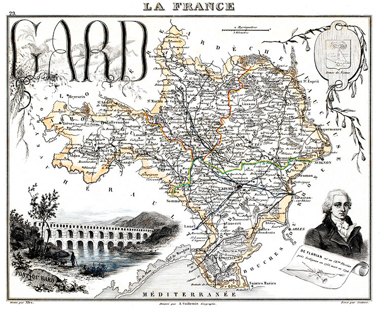 Carte du département du Gard en 1851 - gravure reproduite et restaurée numériquement par © Norbert Pousseur
