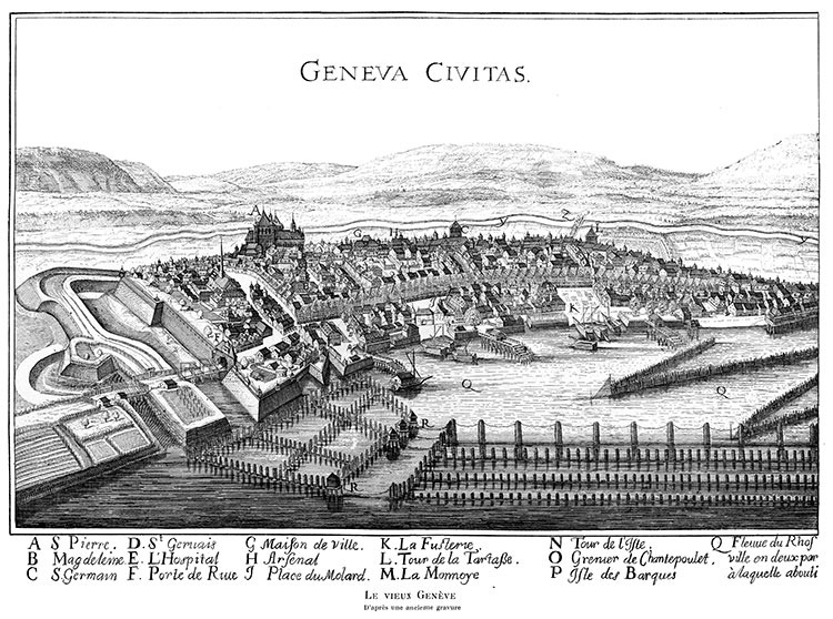 Le vieux Genève au 17ème siècle  - gravure reproduite et restaurée numériquement par  © Norbert Pousseur