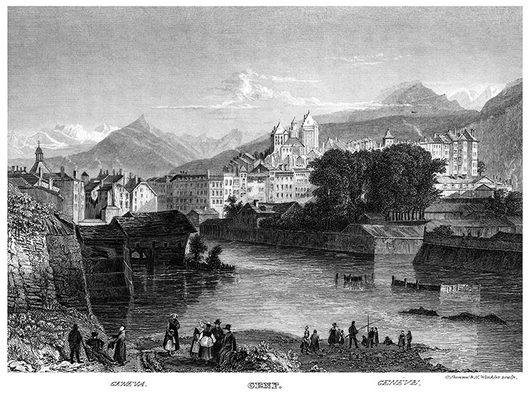Genève depuis les bords de l'eau vers 1835 - gravure reproduite et restaurée numériquement par  © Norbert Pousseur
