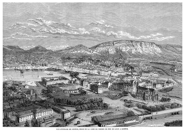 Vue générale de Genève vers 1855 - gravure reproduite et restaurée numériquement par  © Norbert Pousseur