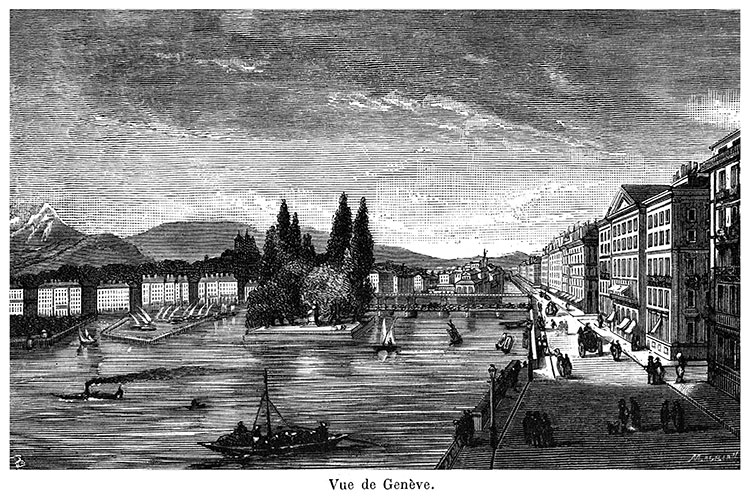 Genève et ses quais vers 1875 - gravure reproduite et restaurée numériquement par  © Norbert Pousseur