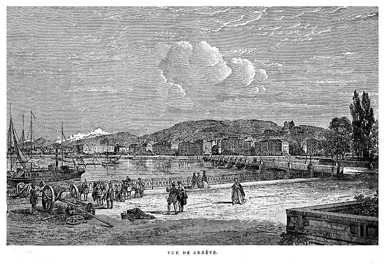 Genève depuis les quais, vers 1900 - gravure reproduite et restaurée numériquement par  © Norbert Pousseur