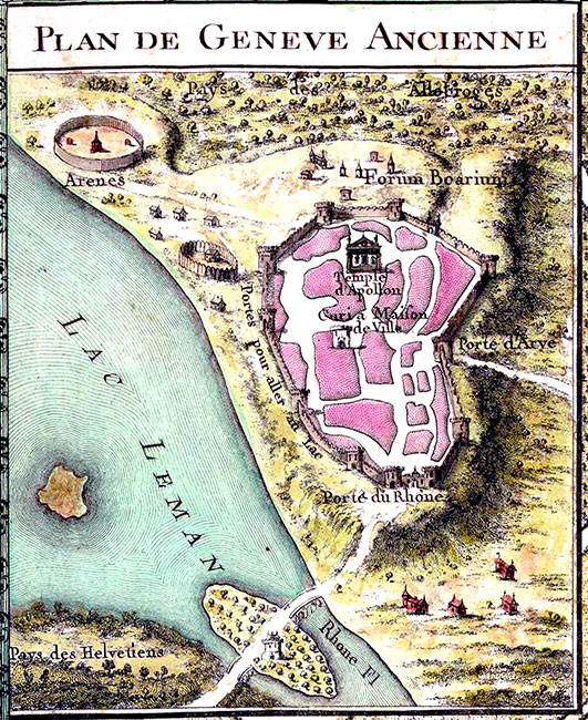Plan de Genève du temps des romains - gravure conservée et numérisée par la © BNF, restaurée numériquement par  © Norbert Pousseur